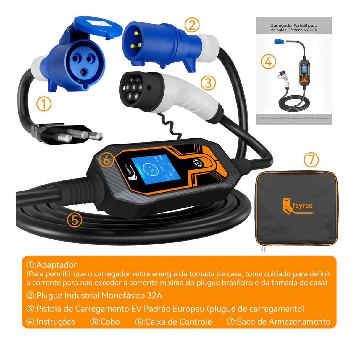 Carregador EV Portátil Feyree de 7 kW